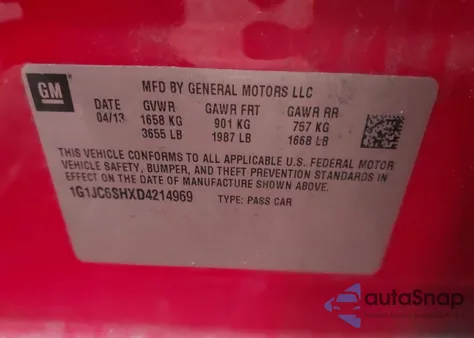 2013 Chevrolet Sonic Lt Auto from USA, damaged, VIN 1G1JC6SHXD4214969